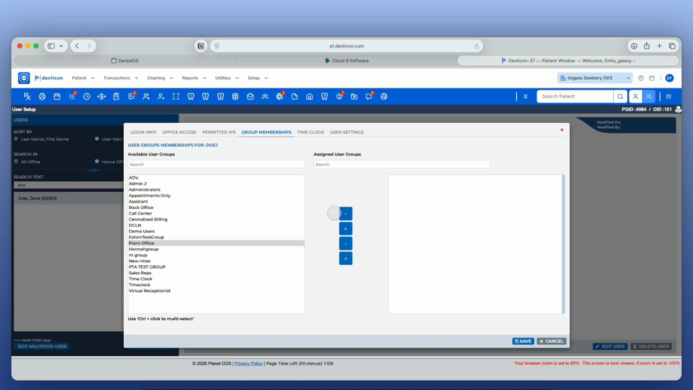 The Group Memberships tab showing Available User Groups on the left and Assigned User Groups on the right, with arrow buttons in the center