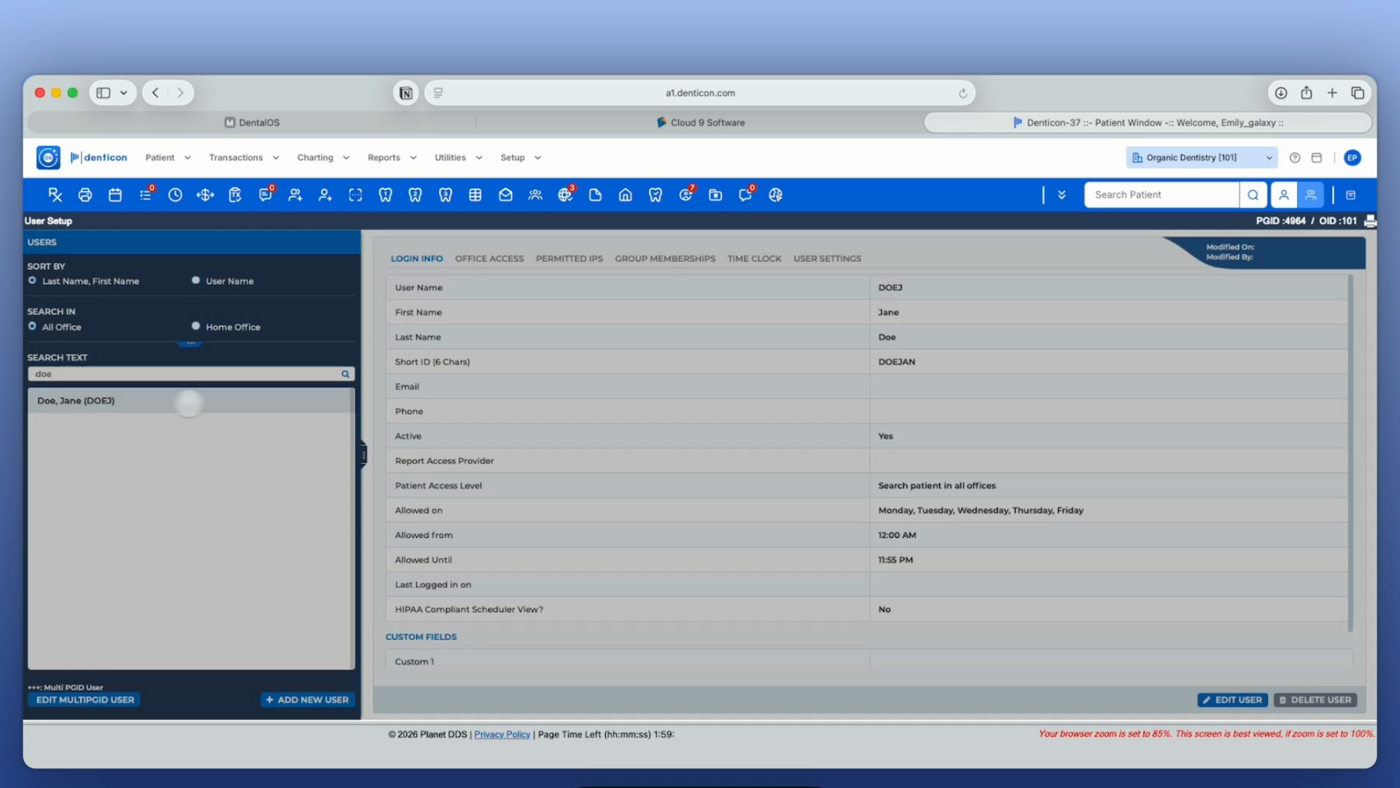 The Login Info tab for the new user in Denticon User Setup, showing fields such as User Name, First Name, Last Name, and Active status
