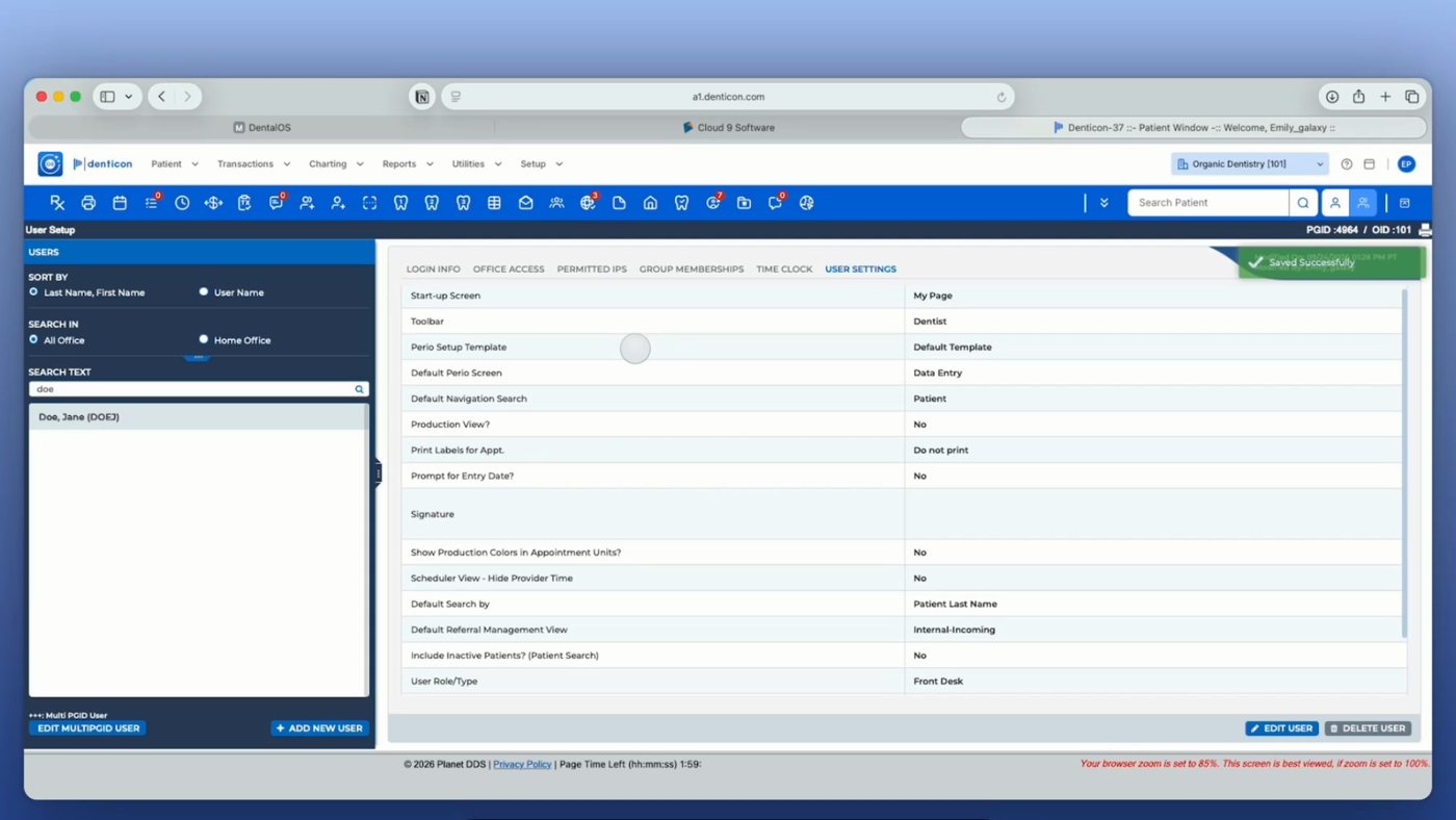 The User Settings tab after saving, showing fields including Start-up Screen, Toolbar, User Role/Type, and a Saved Successfully confirmation banner