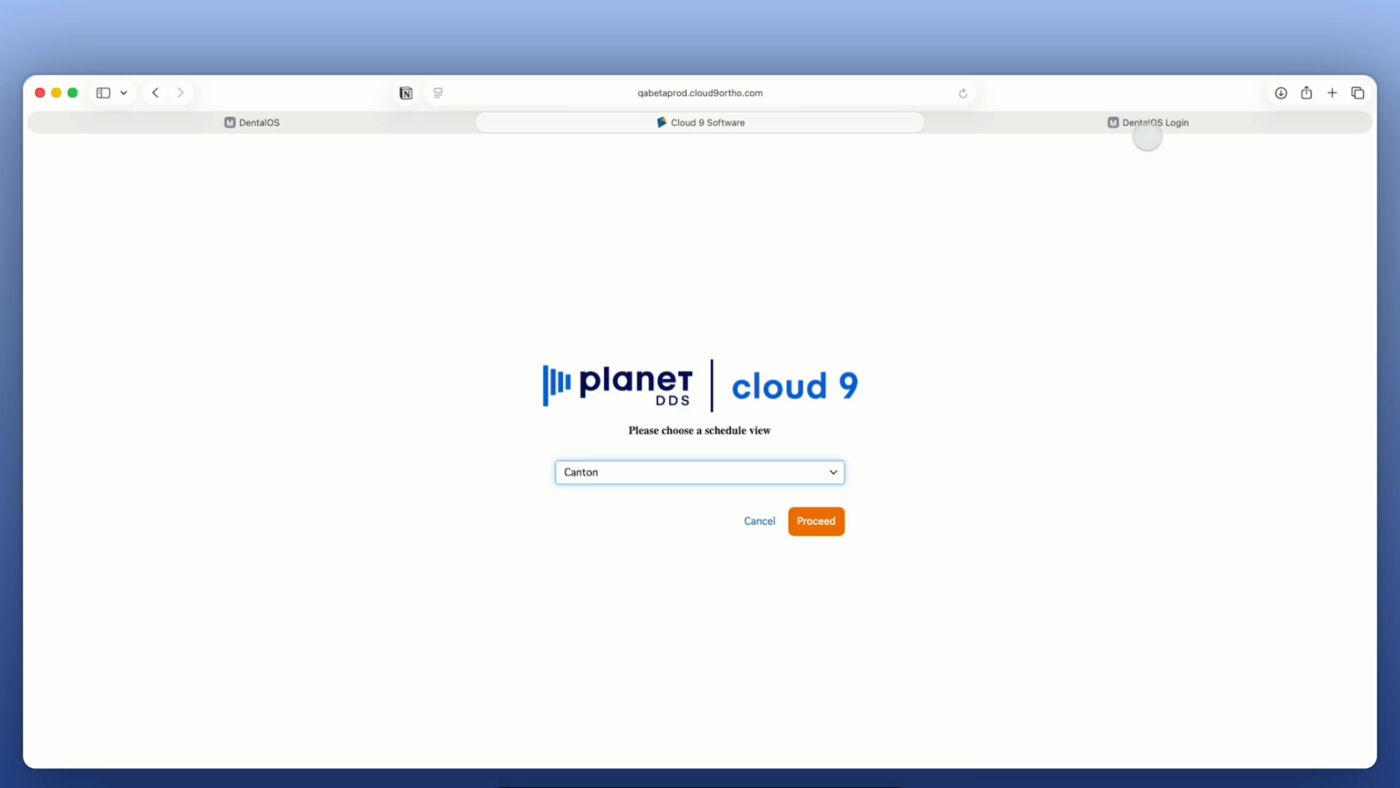 Cloud 9 schedule view prompt with a schedule dropdown and Proceed button
