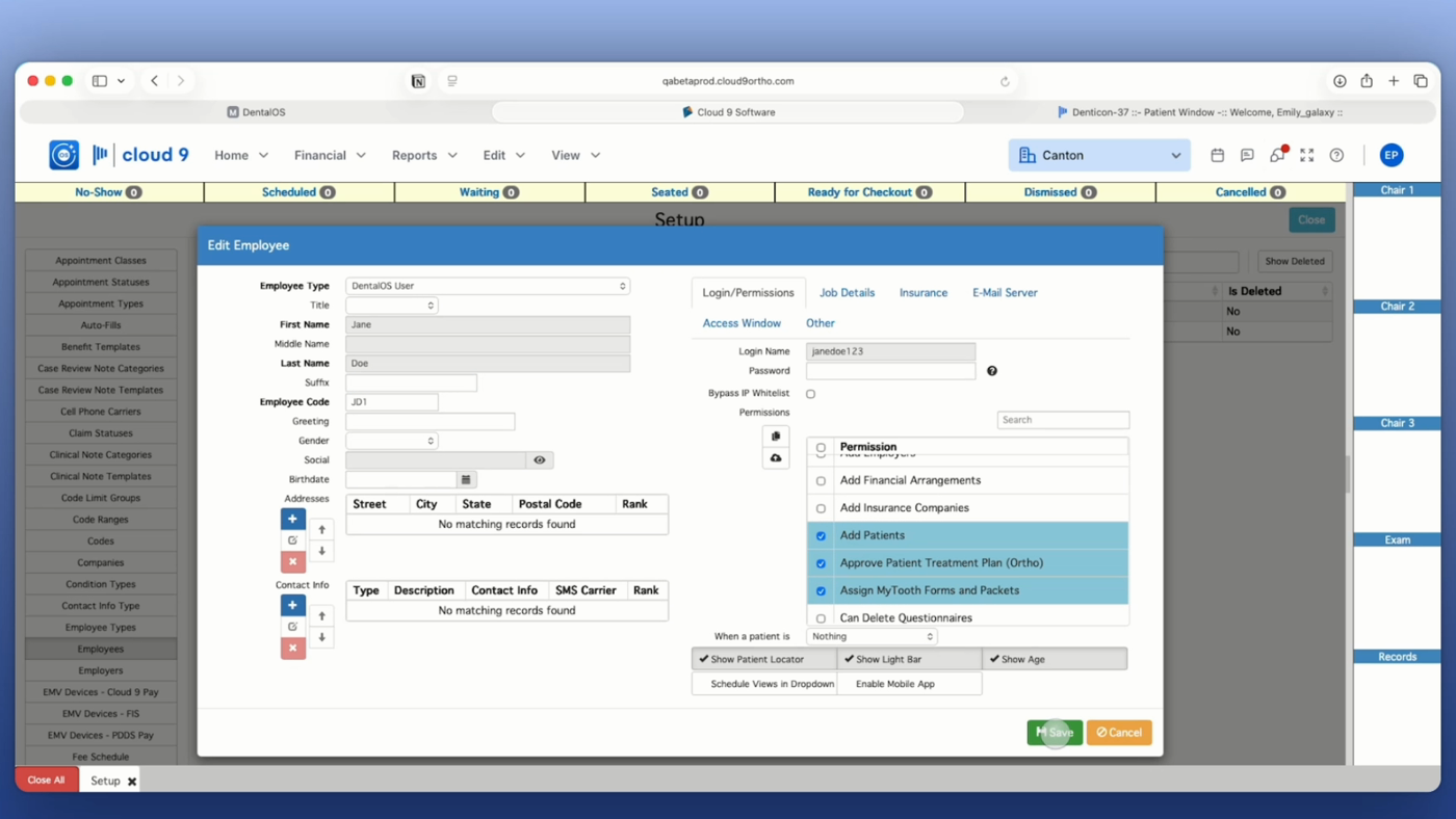 Edit Employee window open on the Login/Permissions tab with permission checkboxes