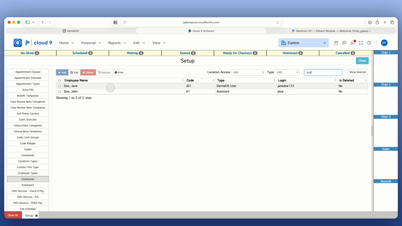 Cloud 9 Employees setup list showing a DentalOS User entry with Login column
