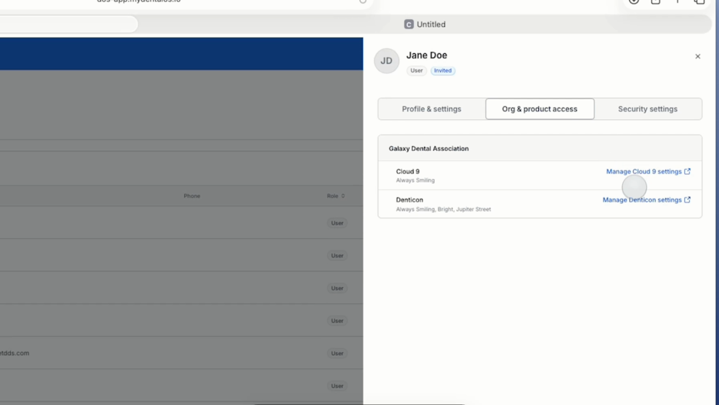 The Org and product access tab for a user, showing Cloud 9 and Denticon products with their associated locations and Manage settings links