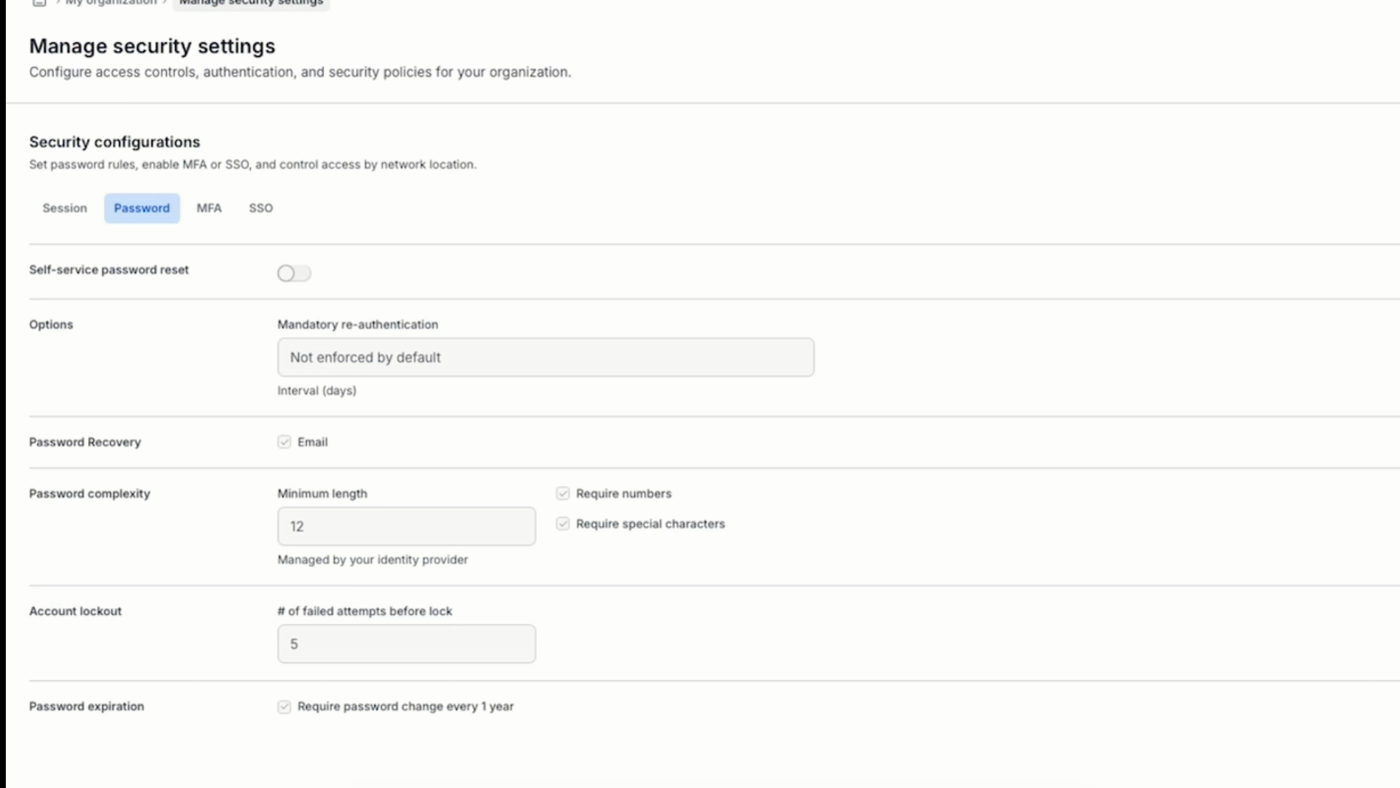 The Password tab with self-service password reset turned off, showing re-authentication, password recovery, account lockout, and password expiration options greyed out
