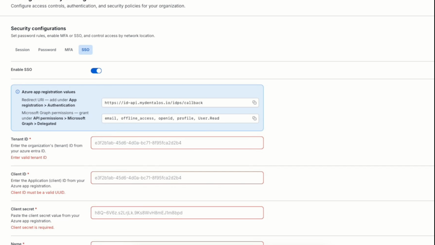 SSO setup page showing validation messages under the Tenant ID, Client ID, and Client secret fields