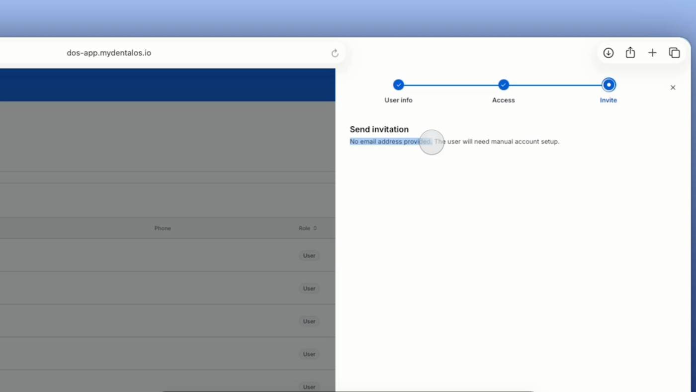 The Invite step showing the Send invitation panel with the message that no email address was provided and manual account setup is required