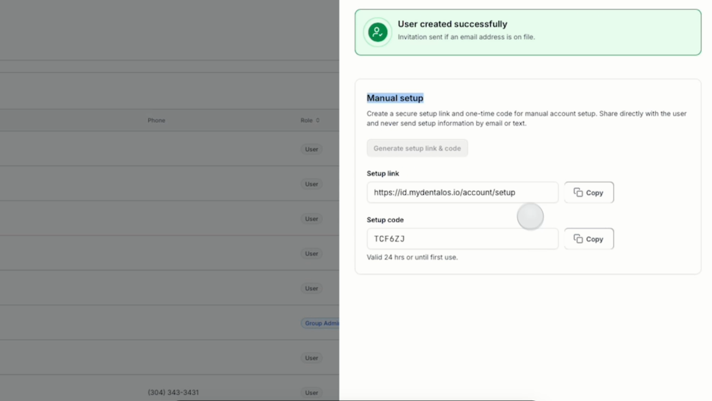 The Manual setup section after generation, showing a populated Setup link and Setup code with Copy buttons and a note that the code is valid 24 hrs or until first use
