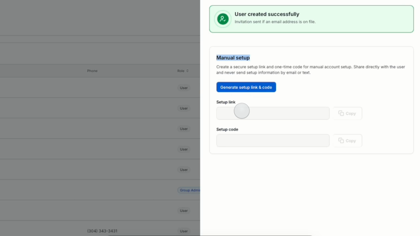 The Manual setup section showing the Generate setup link and code button with empty Setup link and Setup code fields