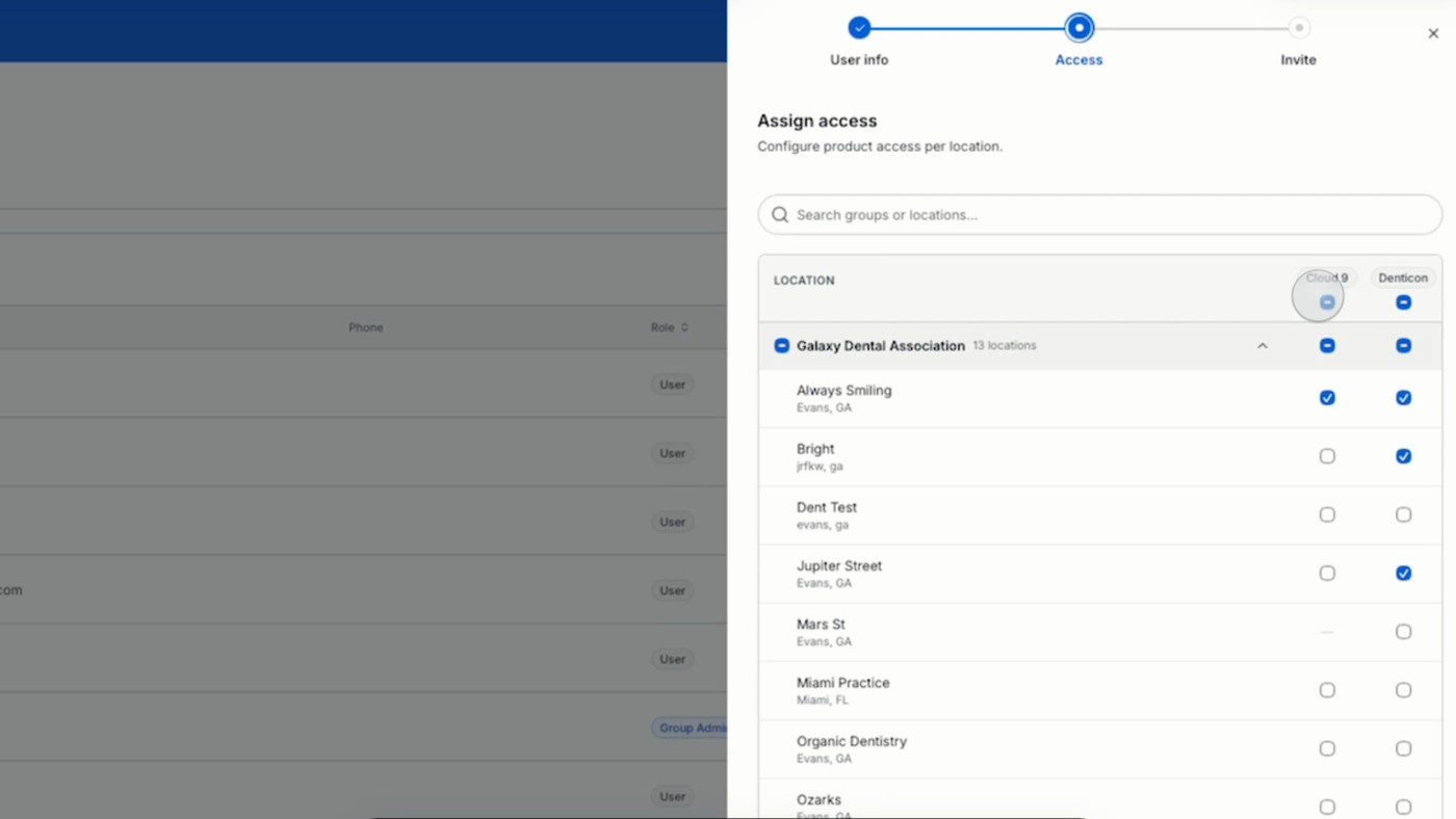 The Assign access step showing organization groups, locations, and Cloud 9 and Denticon checkboxes